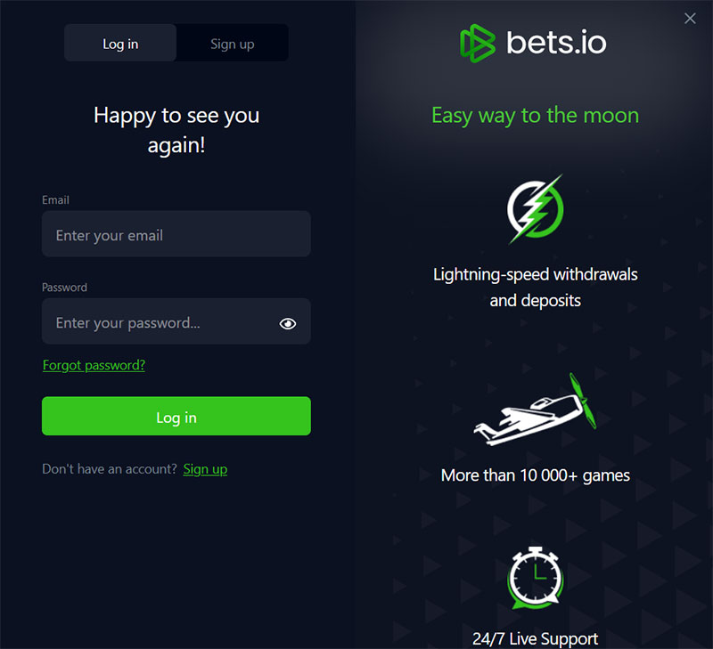 Pagina di accesso Bets.io