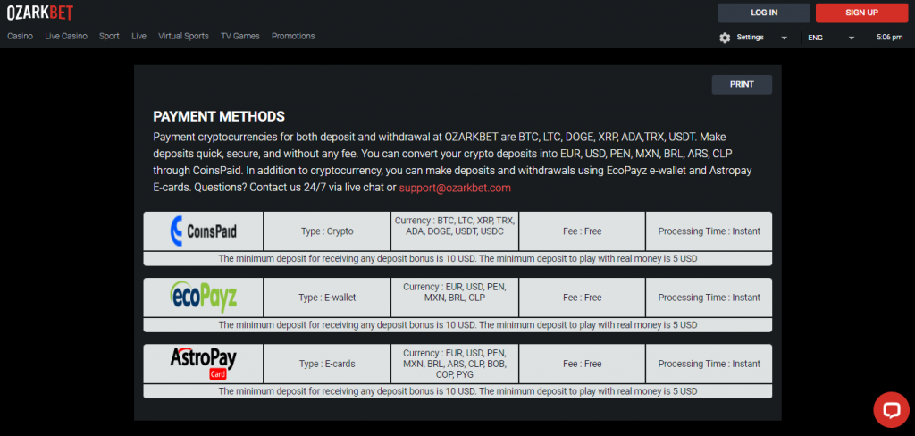 Ozarkbet Payment Methods